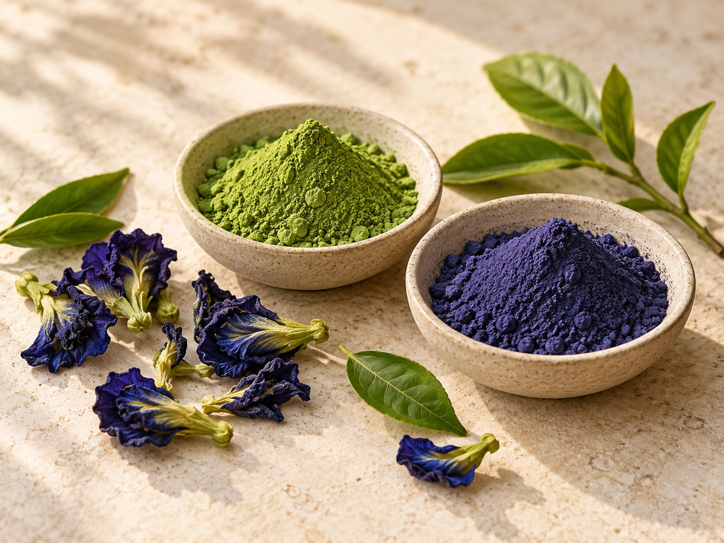 Matcha et fleurs de pois papillon — composition illustrative