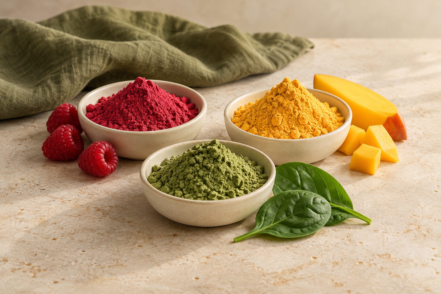 Composition illustrative de poudres de framboise, de mangue et d’épinard avec leurs ingrédients frais